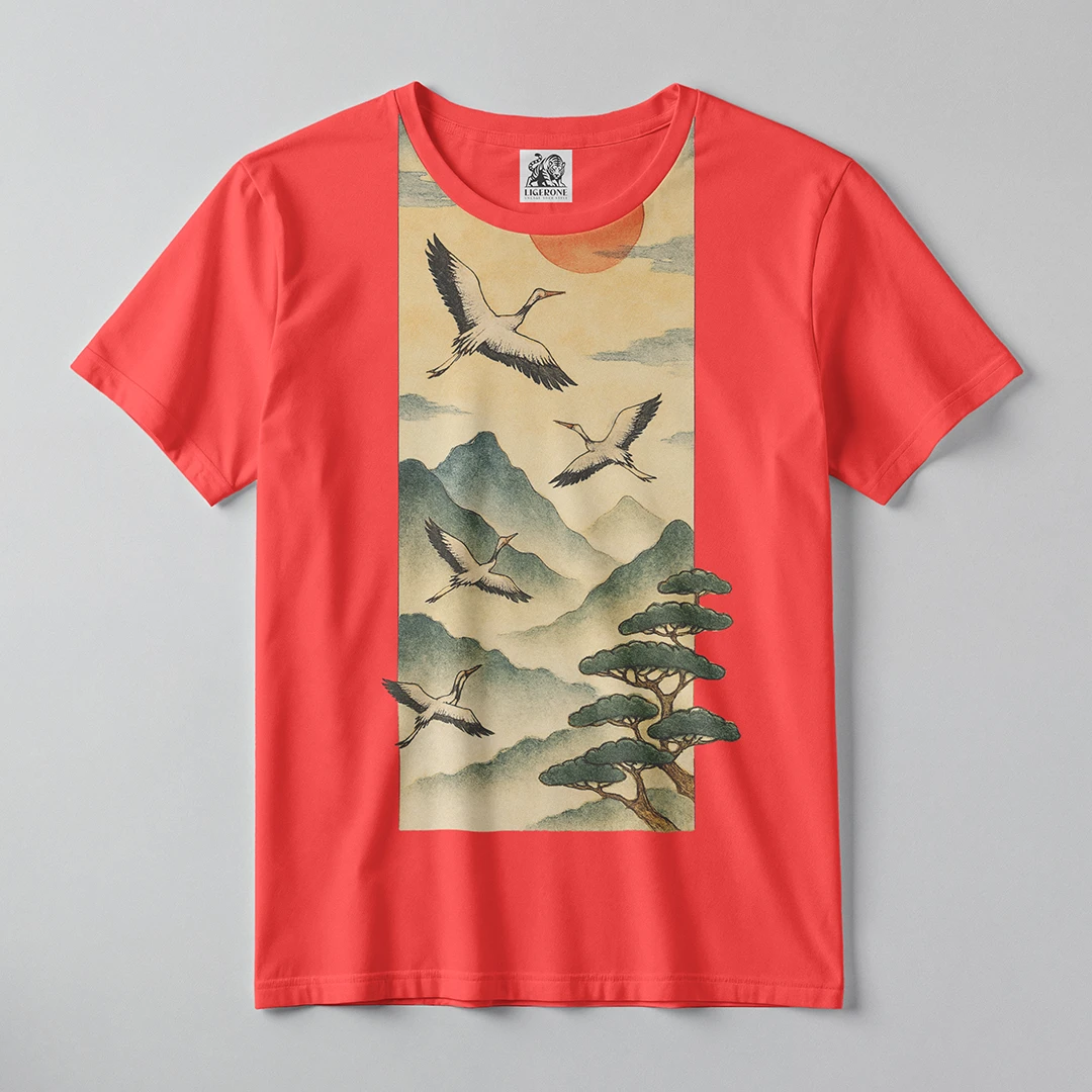 LIGERONE Japanese Crane Mountain Art T-Shirt